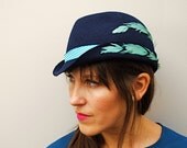 Navy Blue Womens Cap / Hat with Teal Feathers Reclaimed Wool