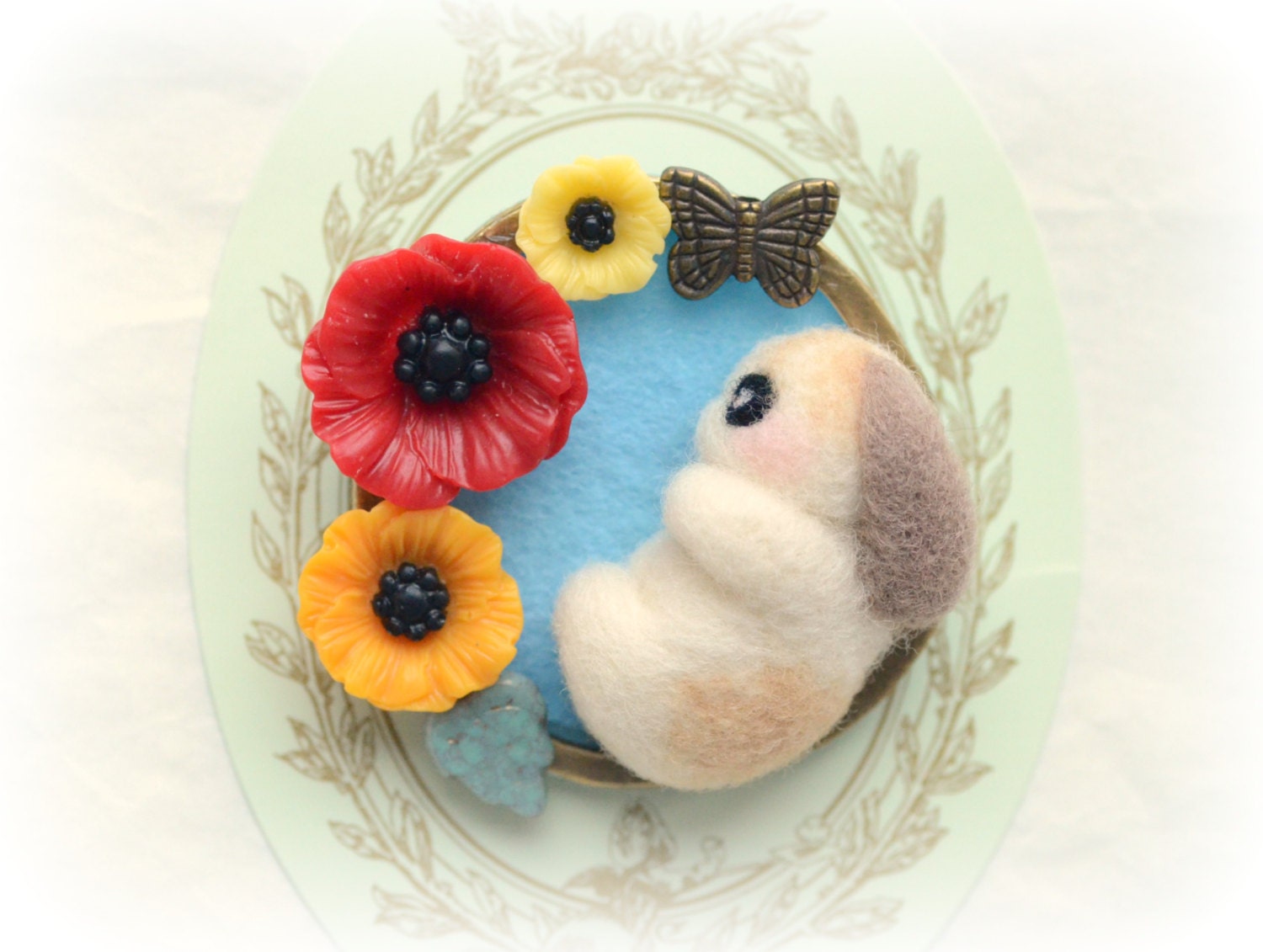 Baby rabbit resting among poppy flowers pin / brooch, needle felted wool bunny, rabbit accessories