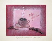 Coffee Passion Original Mixed Media Art. Bright Red home kitchen decor cup coffee beans
