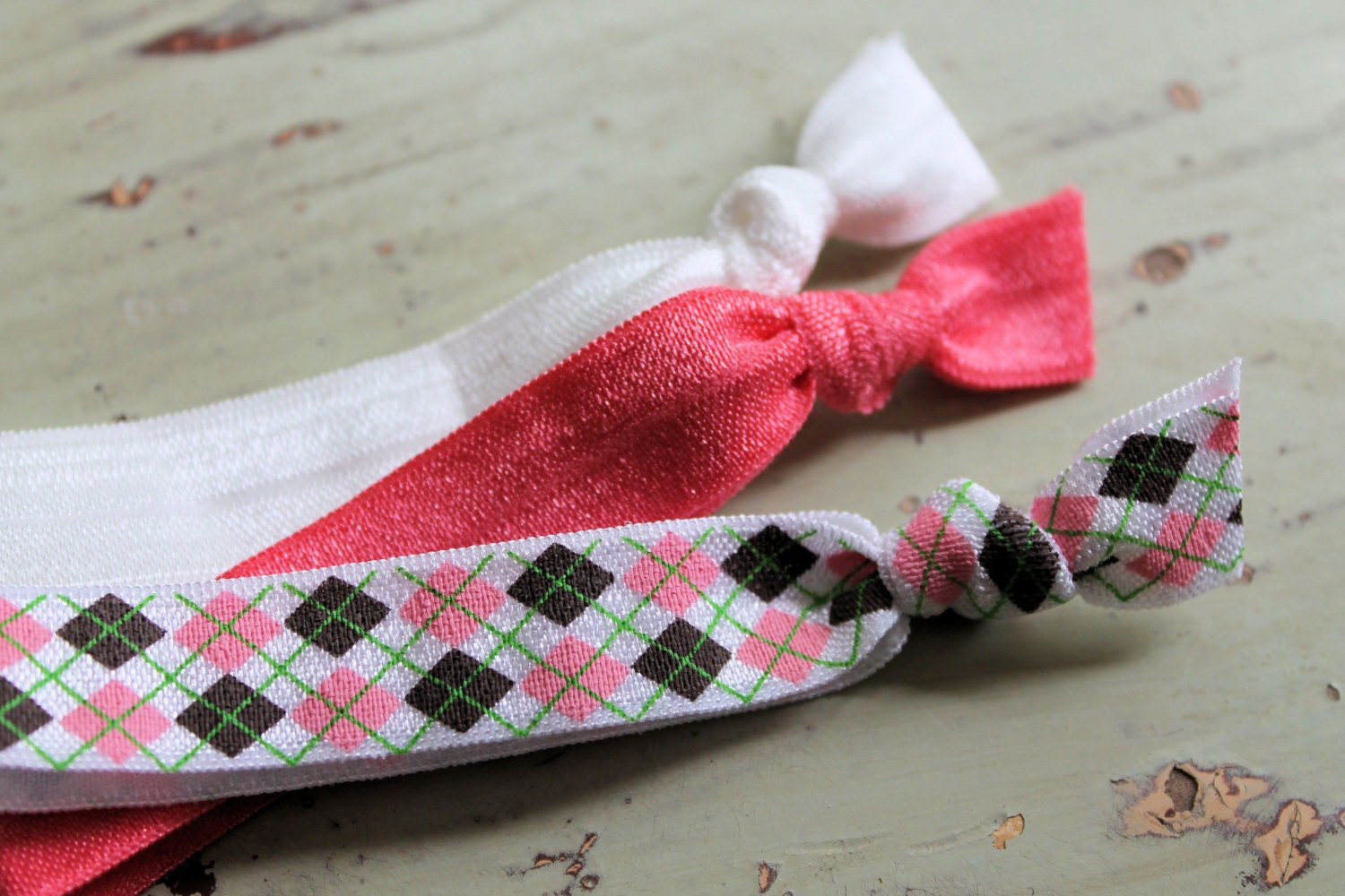Elastic Hair Ties - Argyle Collection - 3 Knotted Hair Ties - Ponytail Holders