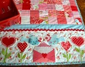 Spring Summer Table Runner - Flowers, Bright, Hearts, Picnic Decor, Quilted Table Runner, Birds