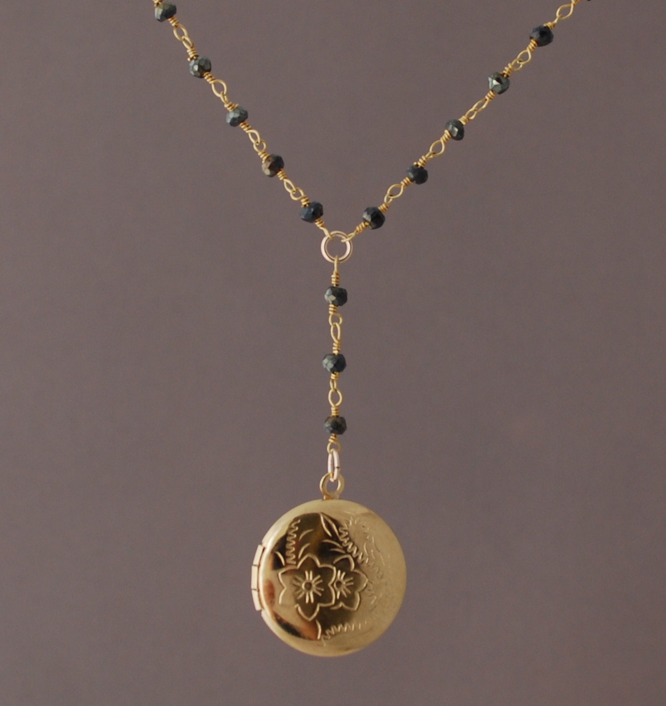 Gold Locket Black Spinel Rosary Necklace