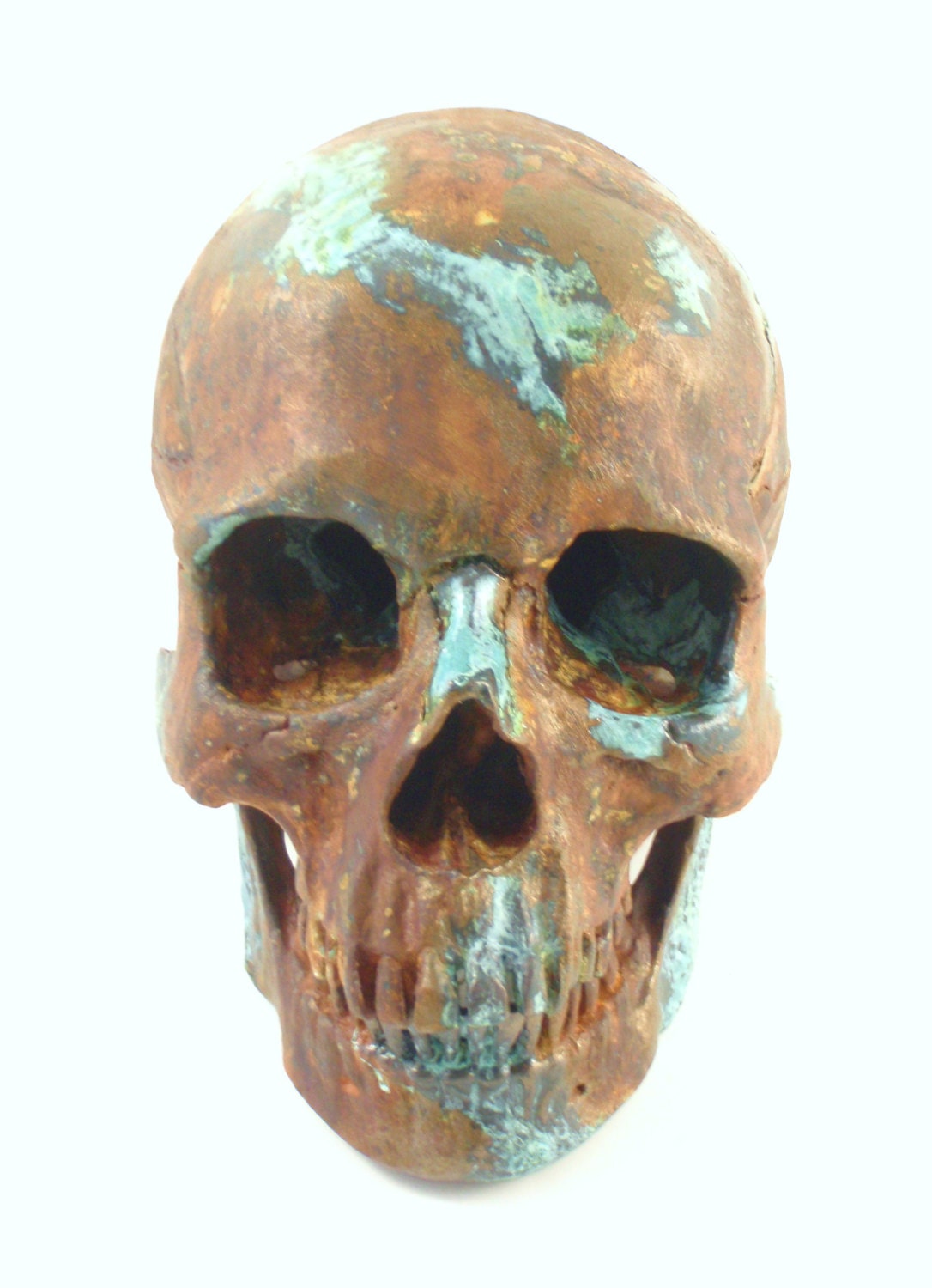 Human Skull Taxidermy Rust with Bronze Natural Turquoise Patina Painted Art Sculpture