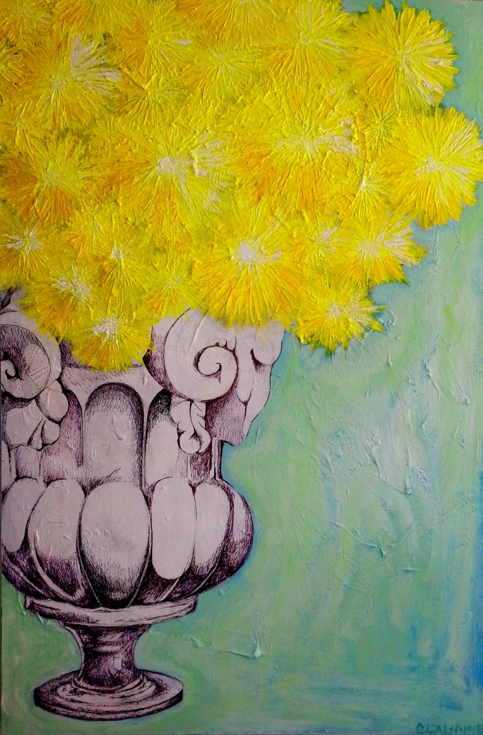 Modern Bright Yellow Floral Painting with a Hand Drawn Ornate Goat Headed Vase (24x36 inches)