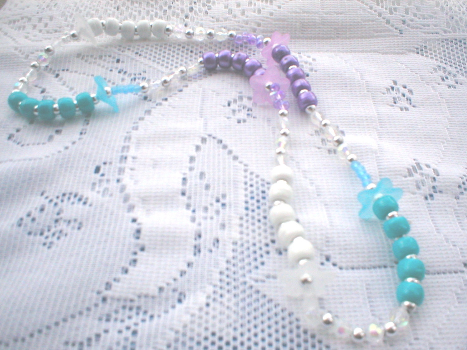 Child Necklace Beaded Teal Purple White w/Lucite Flower Beads Stretch Unique Handmade Childrens Kids Jewelry