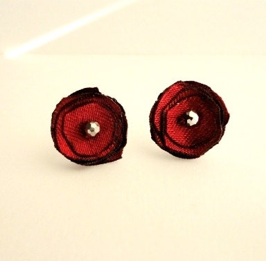 Red Earrings, Small Fabric Studs, Satin Fabric Posts, Crimson, Bridal Accessories, Jewelry for Bridesmaids