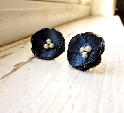 Navy Earrings, Fabric Studs, Small Flowers, Navy White, Navy and Pearls Bridesmaid Gifts, fabric jewelry, Navy Bridal