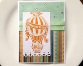 Hot Air Balloon Card, Handmade Greeting Card, Blank Inside, Mint Green Navy, Summer Stamp Embossed