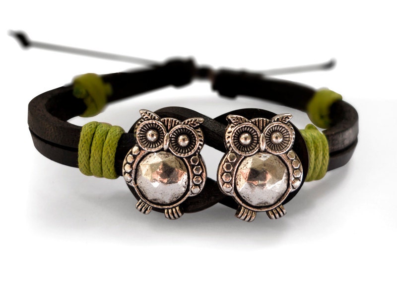 Square Knot Leather Bracelet With Antique Silver Owls