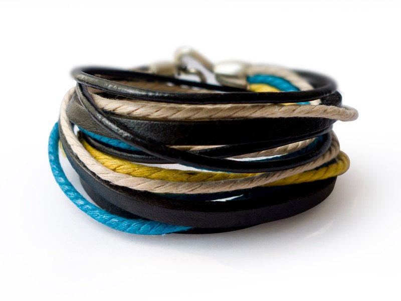 Black Leather Wrap Bracelet With Colorful Ropes and Silver Hook