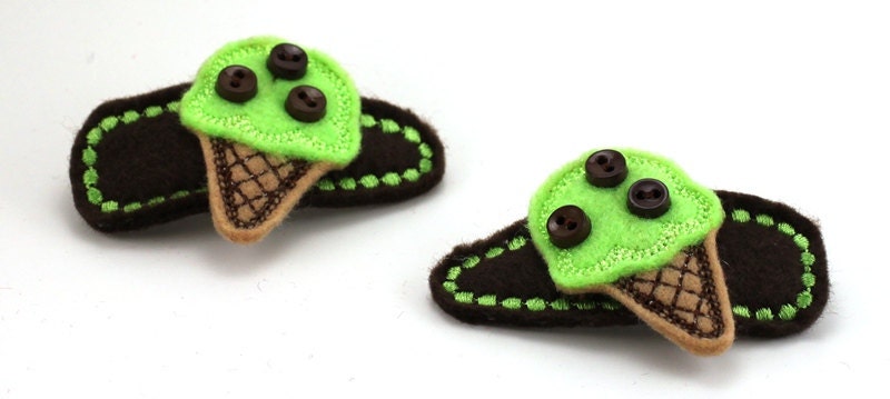 Ice Cream Cone - Mint Chocolate Chip - Felt Snap Barrette Hair Clips