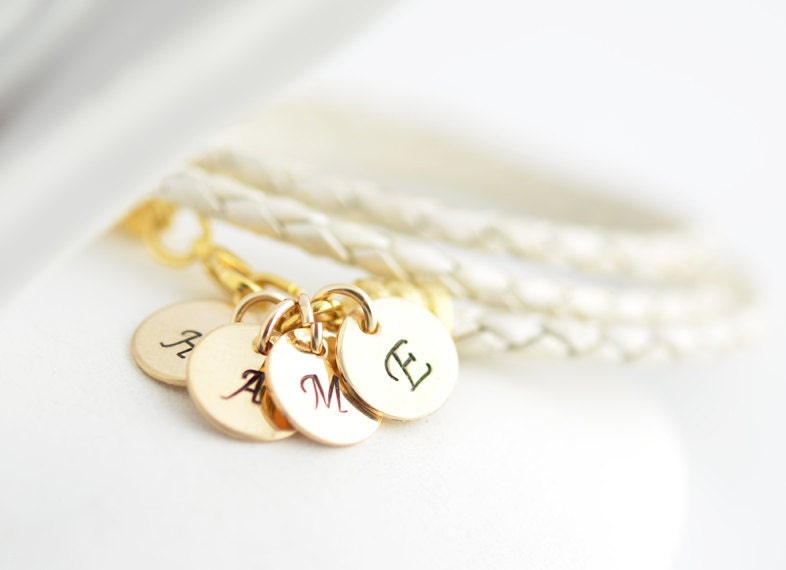 Personalized bracelet,Personalized jewelry,bridal jewelry, hand stamped initial,leather bracelet,14k gold initial disc, womens jewelry