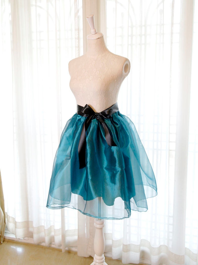 Teal Green Organza Puff Skirt Tutu- Alice in wonderland fairytale Bridesmaid ballerina style Black Sash