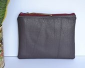 Large Leather Clutch Pouch in Deep Eggplant Purple with Maroon Vintage Metal Zipper