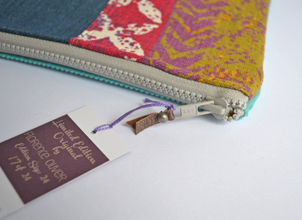 Limited Edition Pouch Clutch Gadget and Tablet Holder in Vintage Floral Denim and Vintage Turquoise Corduroy