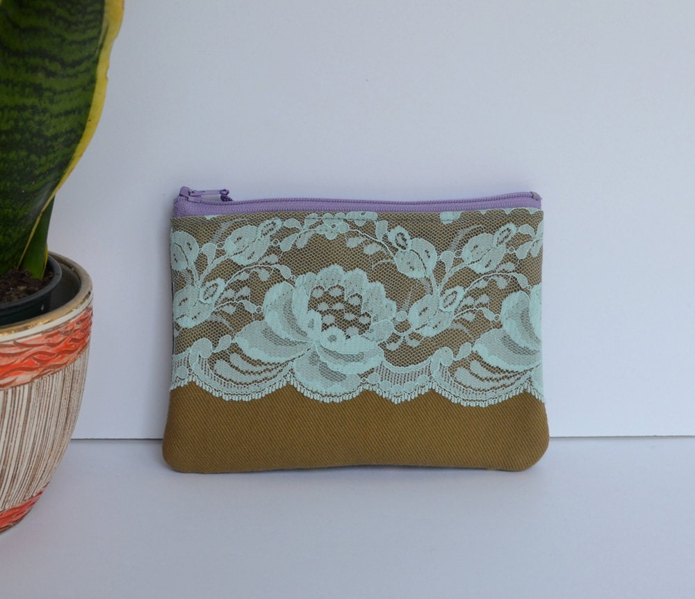 NEW - The Medium Allison - floral vintage lace zipper pouch with zipper closure cotton twill and striped denim