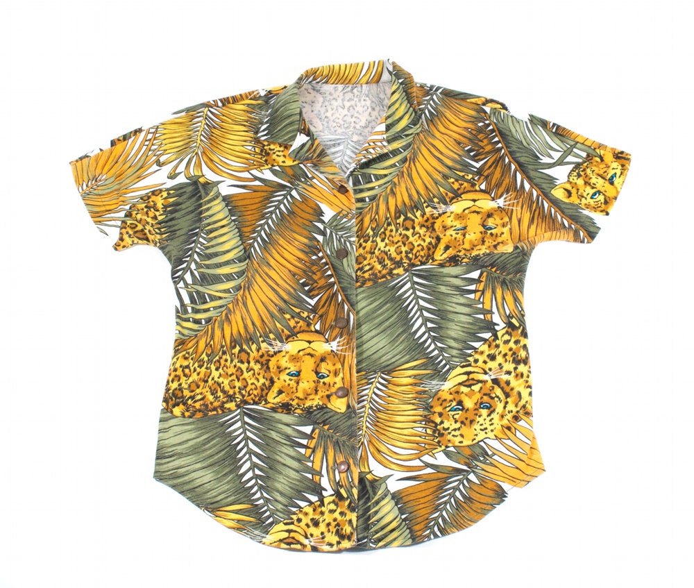 Leopard Animal Print Shirt Blouse Jungle Cat Vintage 80s 90s