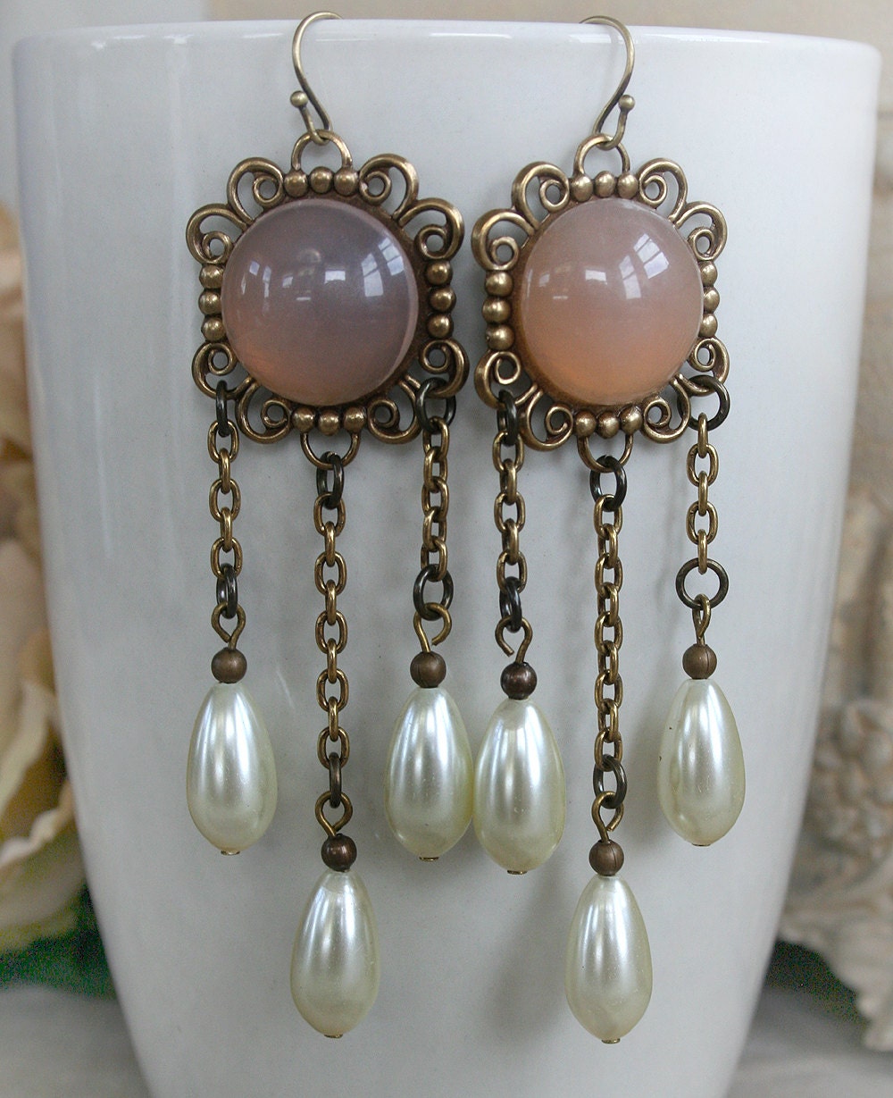 ANGEL DROPS Victorian angel pink and pearl drop dangle earrings, free gift boxing