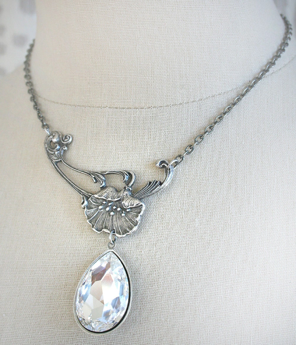 LILY BRIDE romantic vintage fantasy inspired lily asymmetrical bridal necklace with Swarovski crystal, free gift boxing