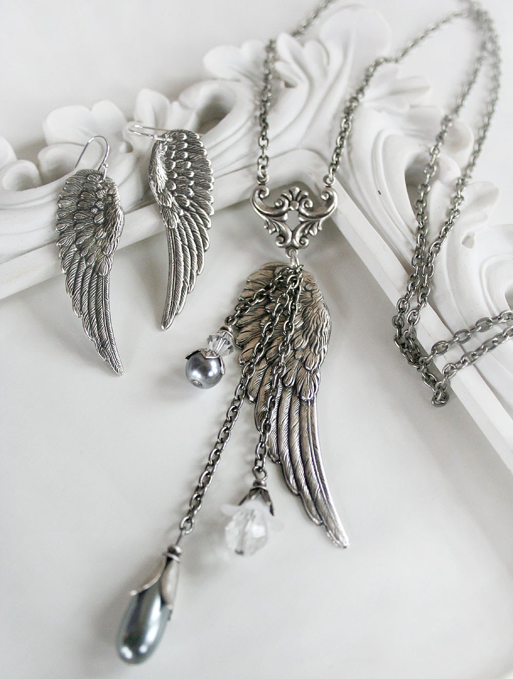 GUARDIAN ANGEL vintage inspired angel wing necklace and earring set with angel message card, gift boxed