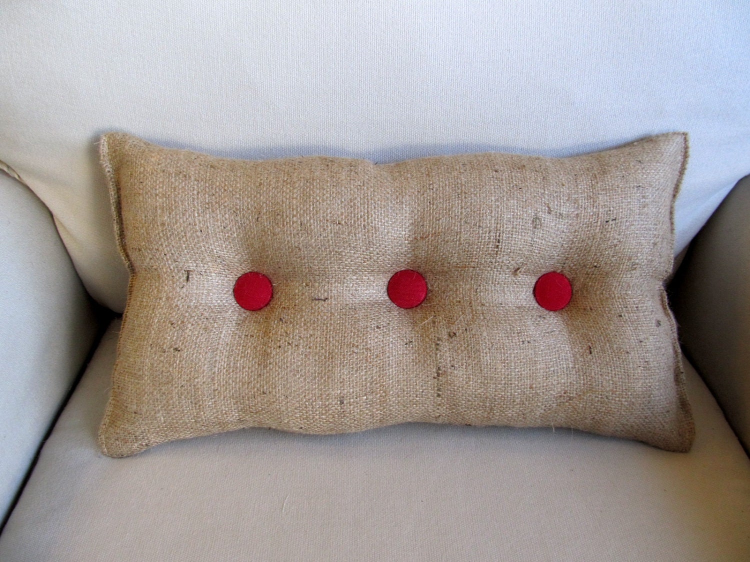lumbar style 11x19 Burlap Pillow with red organic cotton duck buttons