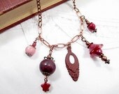 Pink Bead Charm Necklace Beaded Jewelry Handmade Upcycled Bohemian Romantic Victorian Fleur de lis Star Spring Springtime Mixed Media Rustic
