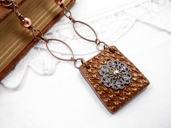 Copper Pendant Necklace Handmade Beaded Jewelry Upcycled Steampunk Light Flower Spring Woodland Nature Statement Short Clay Mixed Media
