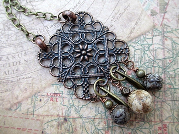 Beaded Necklace Handmade Beaded Jewelry Upcycled Rustic Brown Copper Stone Brass Metal Beads Woodland Statement