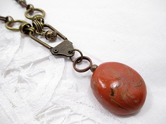 Pendant Necklace Beaded Jewelry Handmade Rust Terra Cotta Retro Vintage Boho Green Glass Pearl Seed Bead