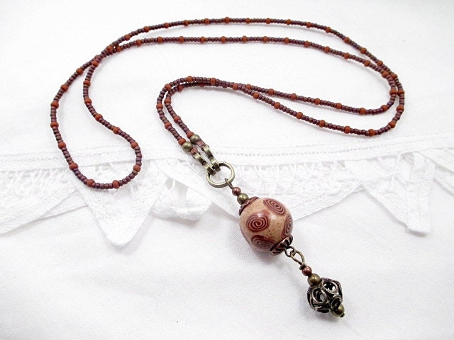 Bronze Brass Lariat Necklace Sand Beige Brown Handmade Beaded Jewelry Upcycled Victorian Boho Seed Bead Necklace Charm Copper Clay Pendant
