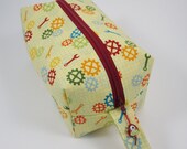 Small Zippered Project Bag - Gears and Wrenches with glass alien bead zipper pull