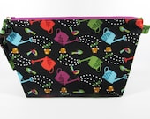 Medium Wide Mouth Wedge - Birds and Watering Cans with glass bead zipper pull