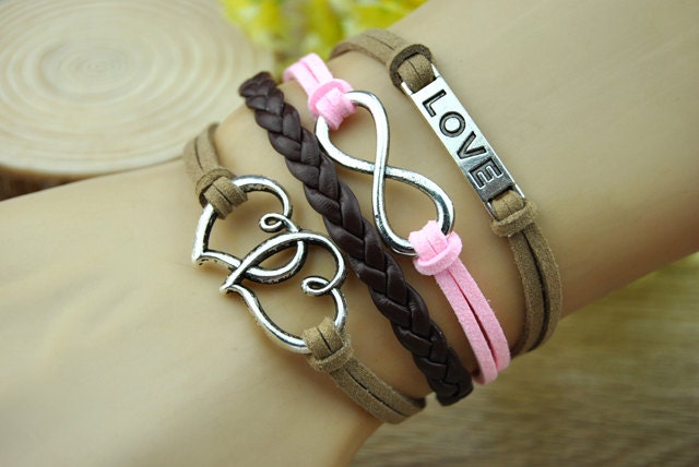 Silvery charm bracelet,silvery alloy love,infinity,brown & pink leather cord,beautiful handmade bracelet. BR375