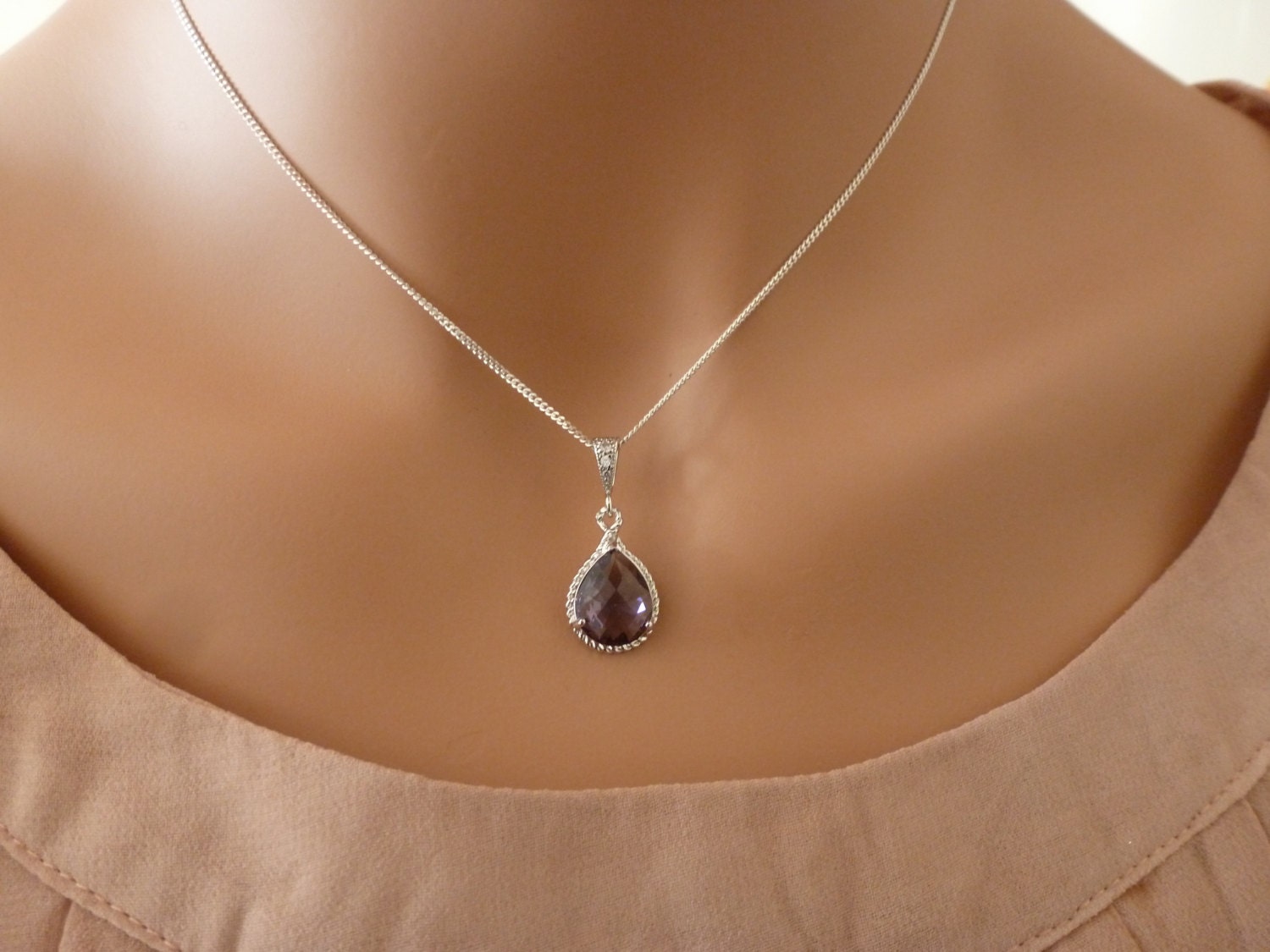 Amethyst Purple  Silver Necklace - Bridesmaid Gift Jewelry - Amethyst  - Bridal jewelry - Sterling Silver Necklace -