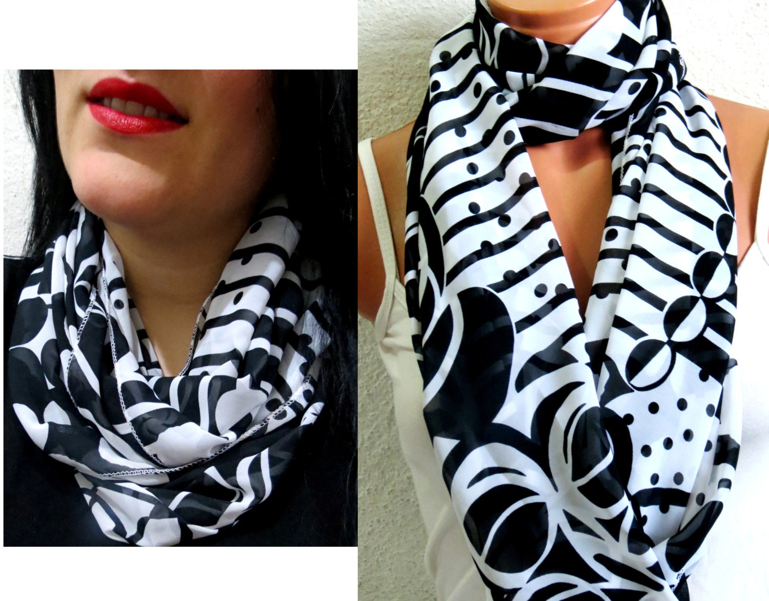 Infinity Scarf Black White tribal print Circle Loop Scarf Women's Fashion Accessories, Fabric infinity scarf, Summer Wear