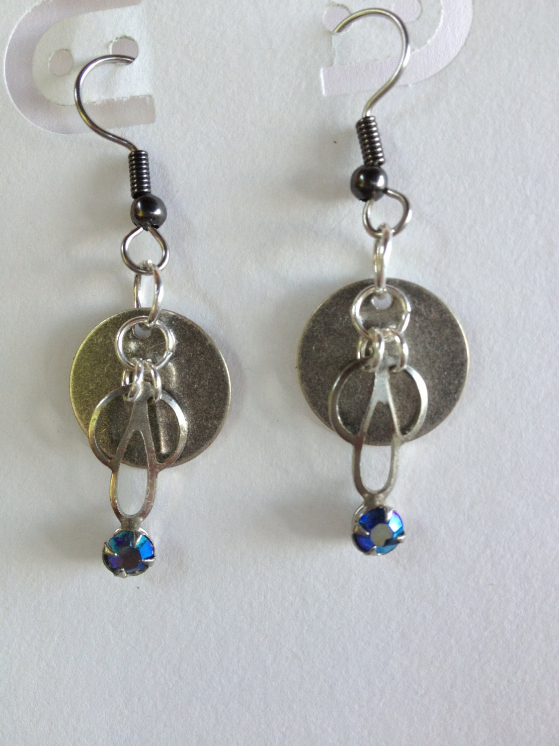 Silver Round Dangle Earring Vintage Rhinestone sparkle recycle upcycle