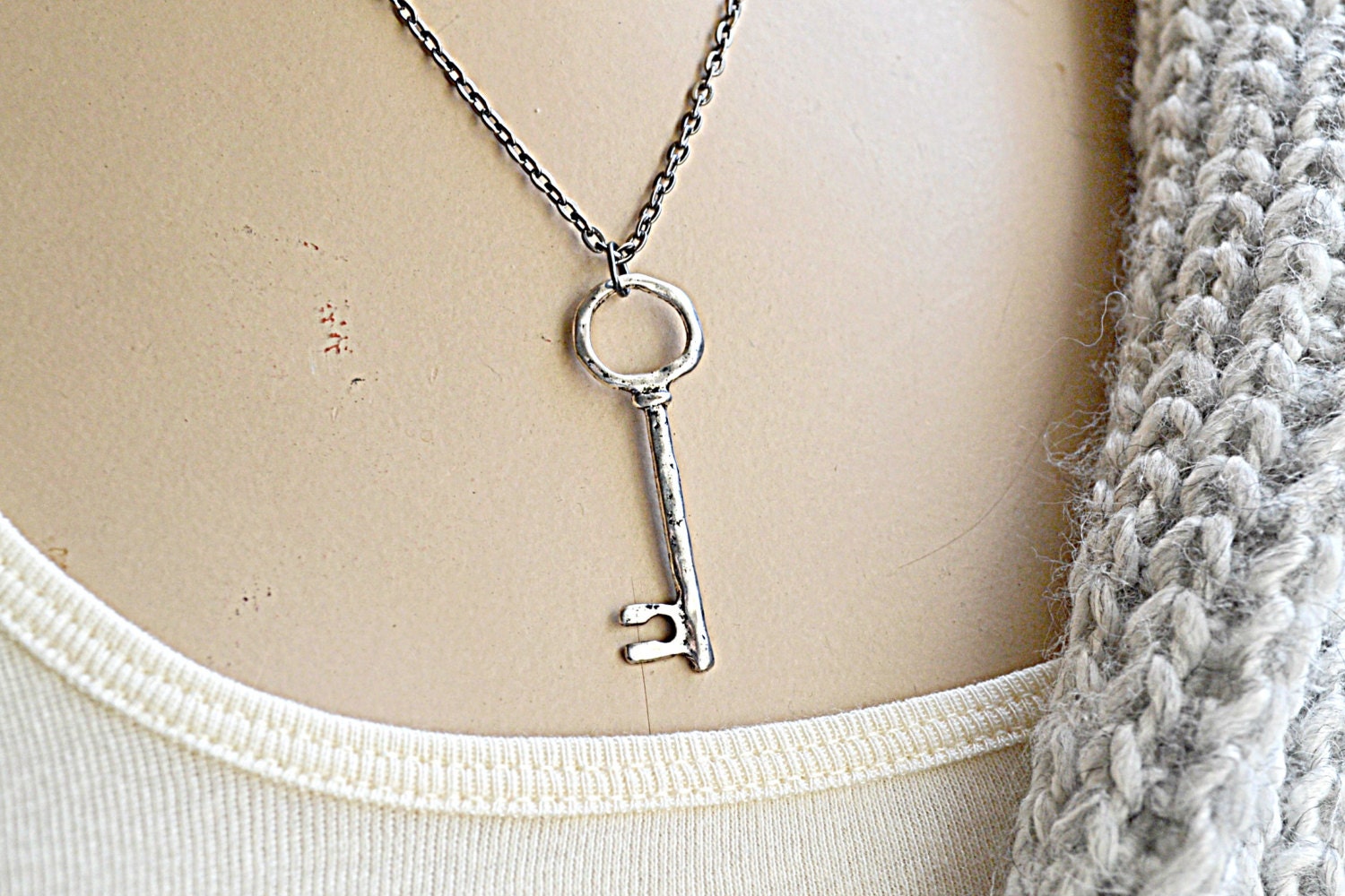 Skeleton Key Gunmetal Charm Necklace