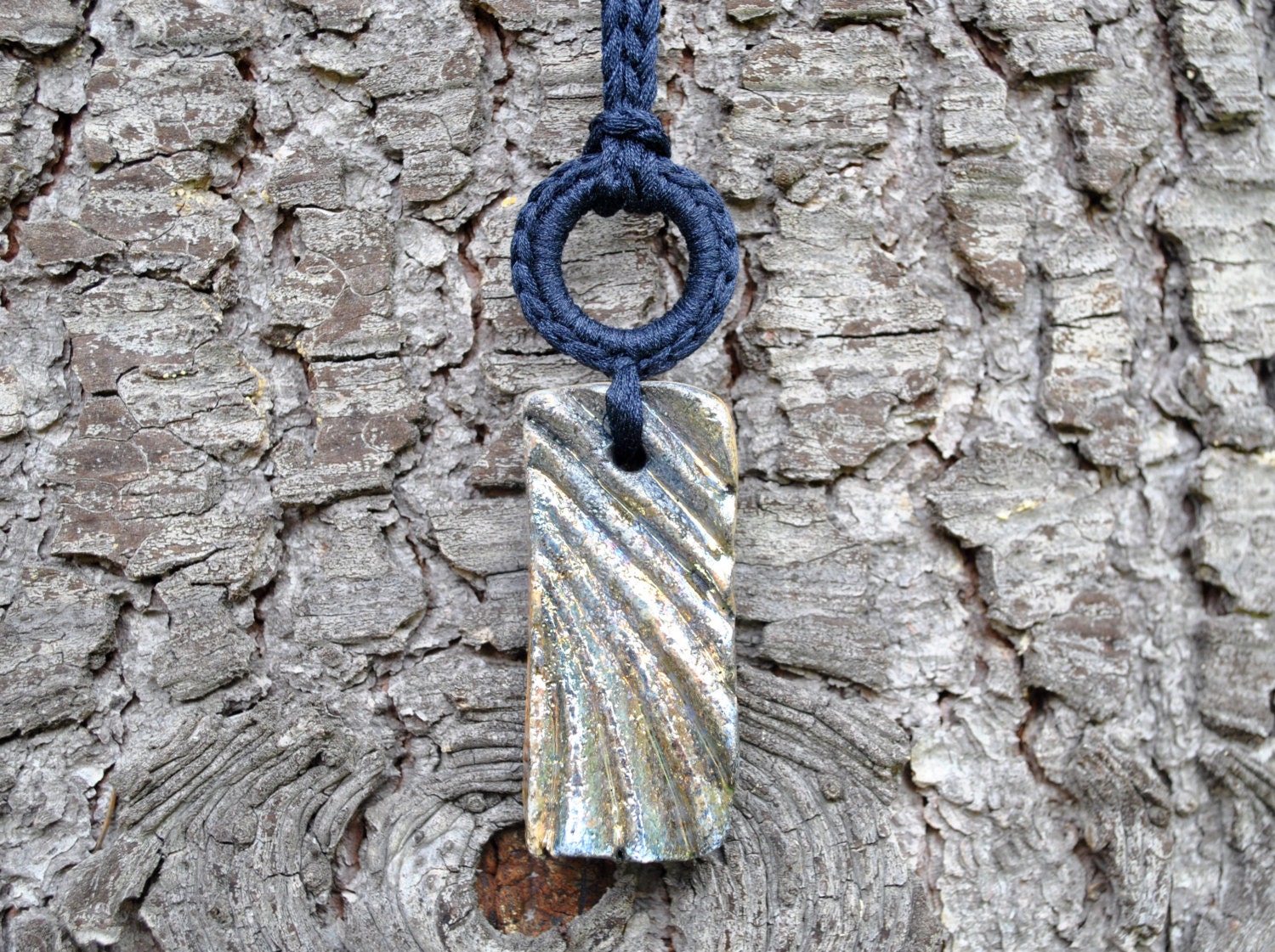 ON SALE Choker blue navy silk // Crochet necklace raku pendant // Luxury gift // OOAK boho necklace