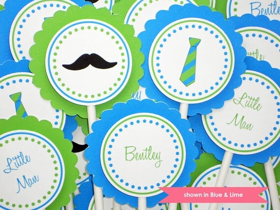 Mustache Cupcake Toppers - Personalized Mustache and Tie Party Decoration - Colors and Text Customizable Il_570xn