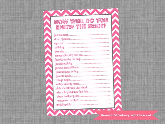 Bridal Shower Game - Printable Shower Themed Chevron Know the Bride Game - Colors and Text Customizable Il_570xn