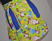 Women's half apron with 2 large pockets in child print, wrap around ties, Ready to ship.