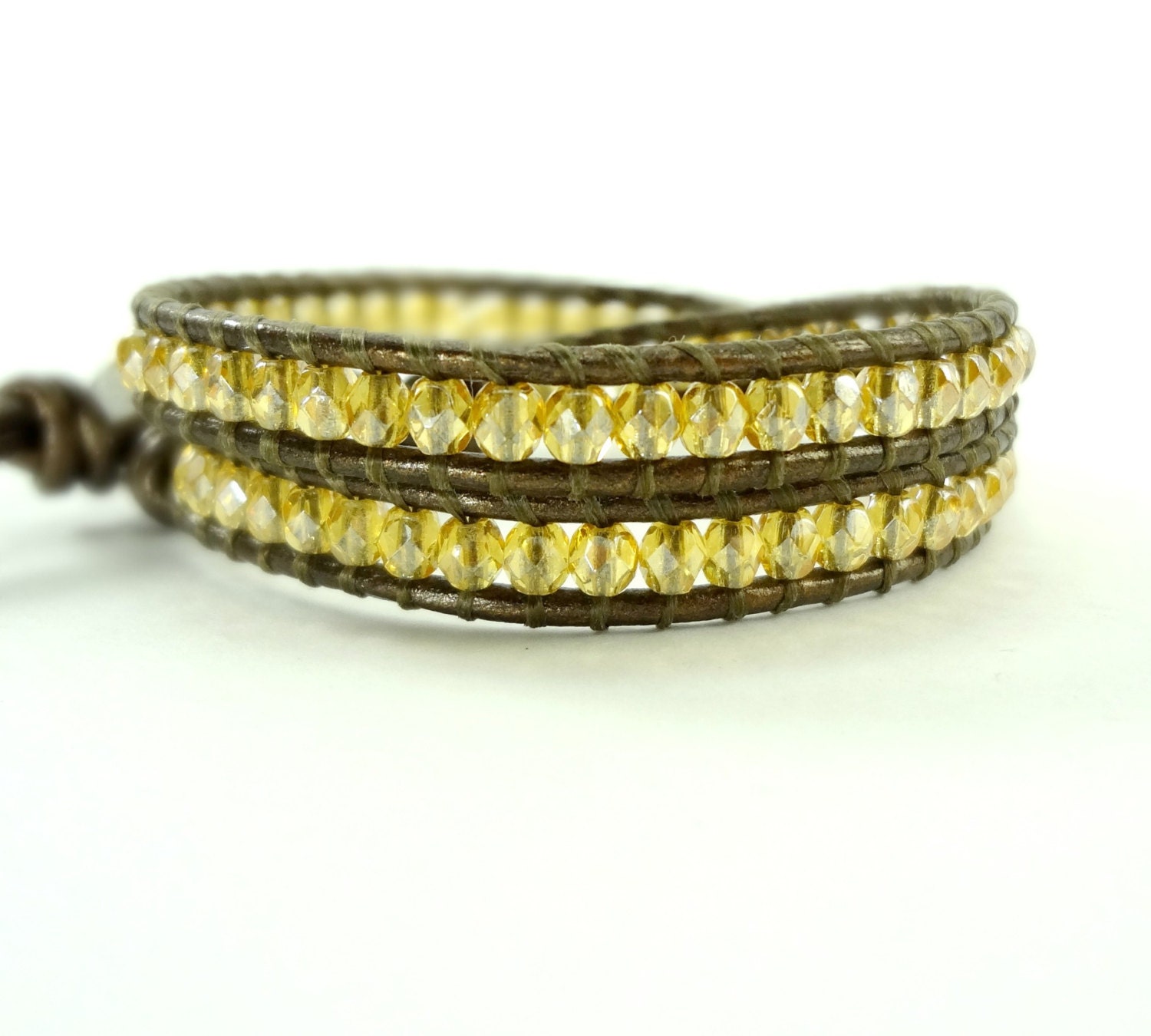 Topaz Double Wrap Bracelet by Wrapology- faceted topaz luster czech glass on metallic brown leather