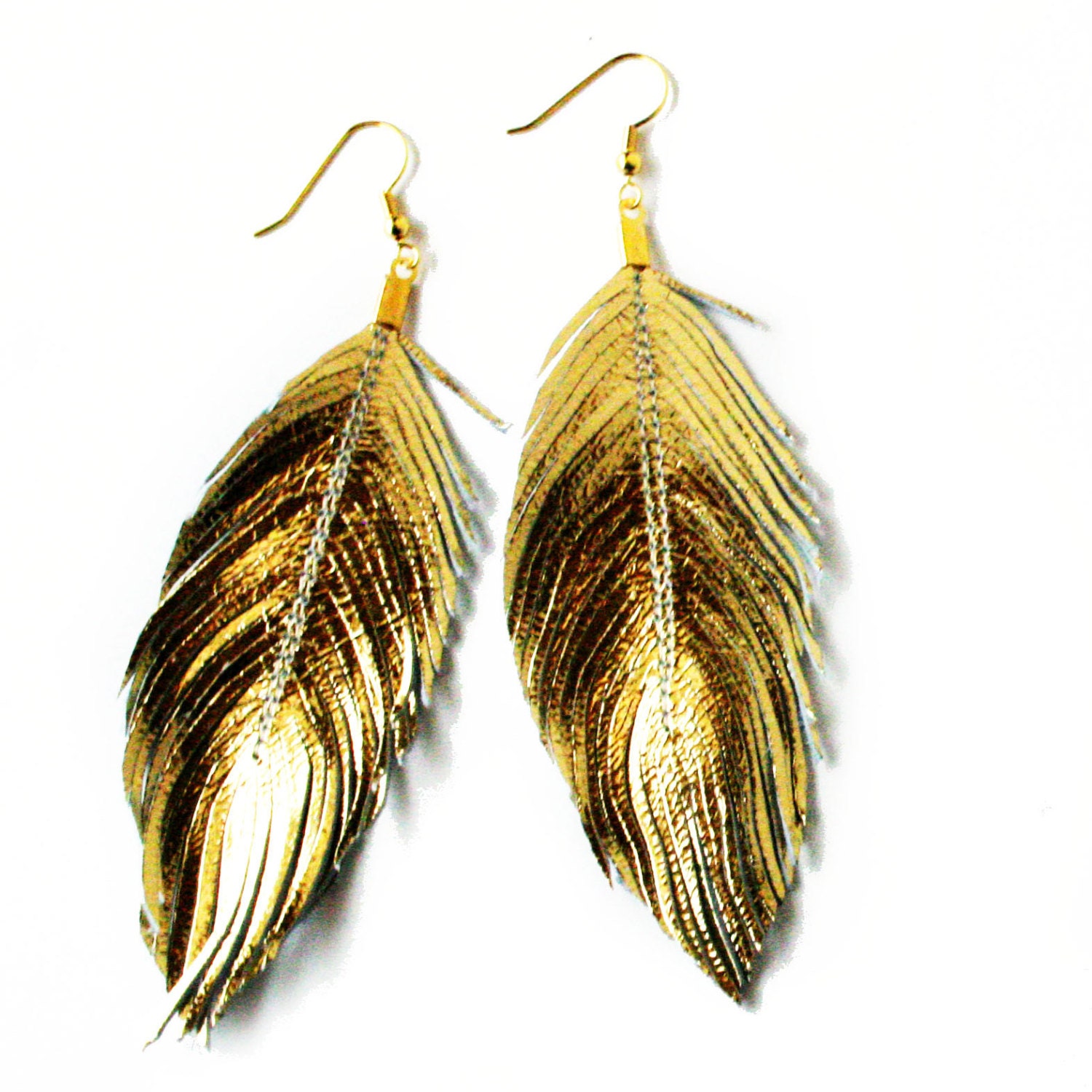 GOLD -Metallic Foil Lambskin Leather Feather Earrings