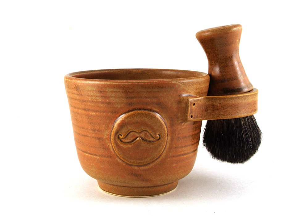 Mens Shaving Set, Brown Mustache Shave Mug, Shaving Bowl, Handmade Black Badger Hair Shave Brush and Shave Soap, Gift for Dads and Grads