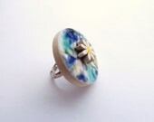 Daisy ring blue turquoise crackle glaze ceramic adjustable ring Spring time Summer time