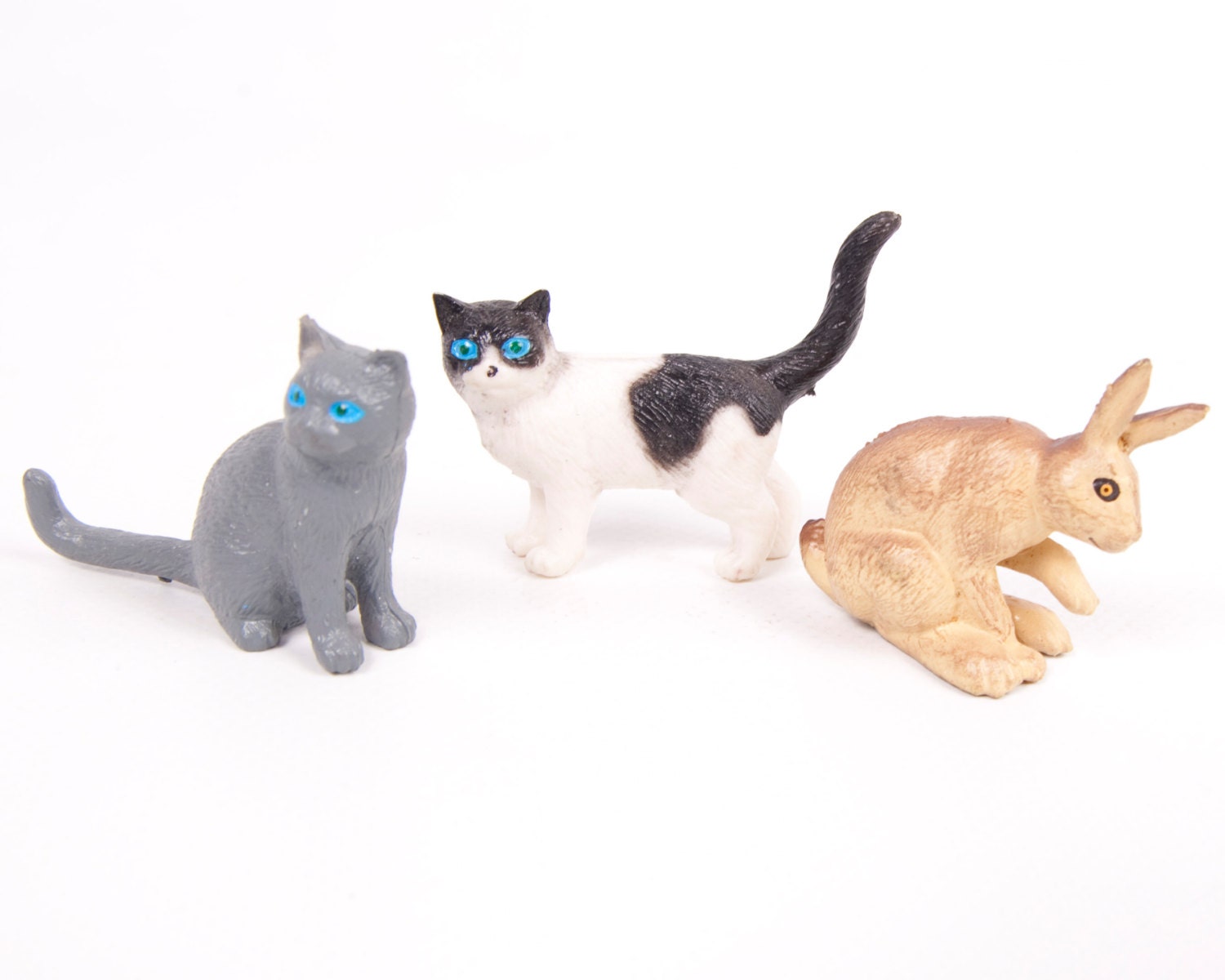 Vintage Hard Rubber Animal Figurines Cats Rabbit Lot of 3 Child Bedroom Decor Toy