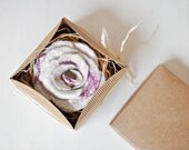 Ready to ship - Beige, white & purple felt flower brooch - Bonjour - With box - Wool Silk - Handmade beige brooch with white and purple silk