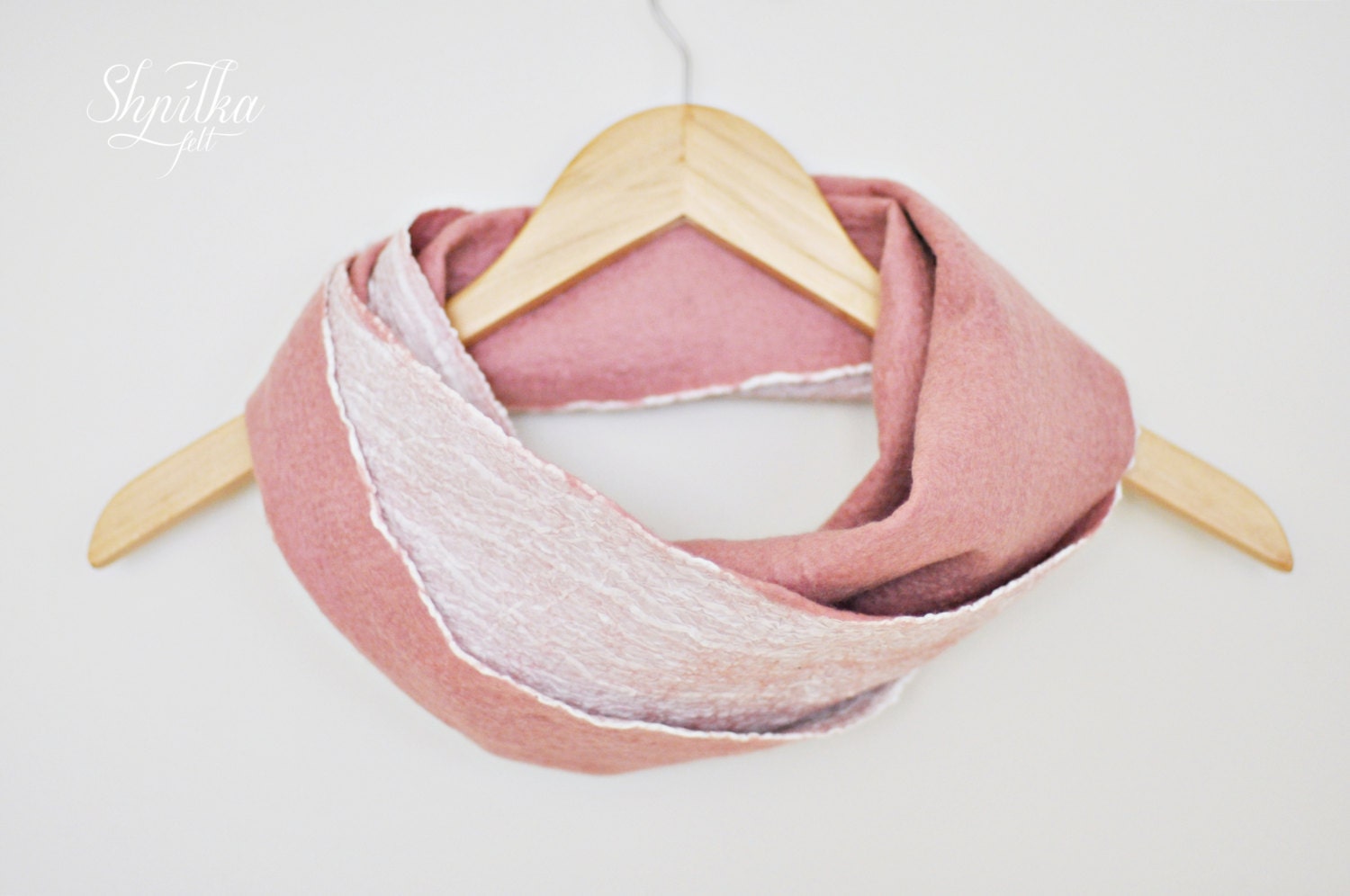 Ready to ship - Nuno felt infinity scarf cowl Pink - Natural Silk, Wool - Loop scarf - Pink circle scarf - Beautiful scarf for a woman