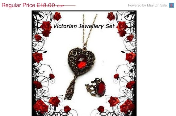 ON SALE Gold Heart Necklace, Red Heart Necklace, Victorian Necklace, Heart Pendant, Filigree Heart Pendant & Ring Set, Red Gold Ring