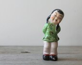 Vintage Japanese girl figurine / occupied Japan / kitsch / home decor / collectible / green / pink / black / mid century retro / humorous